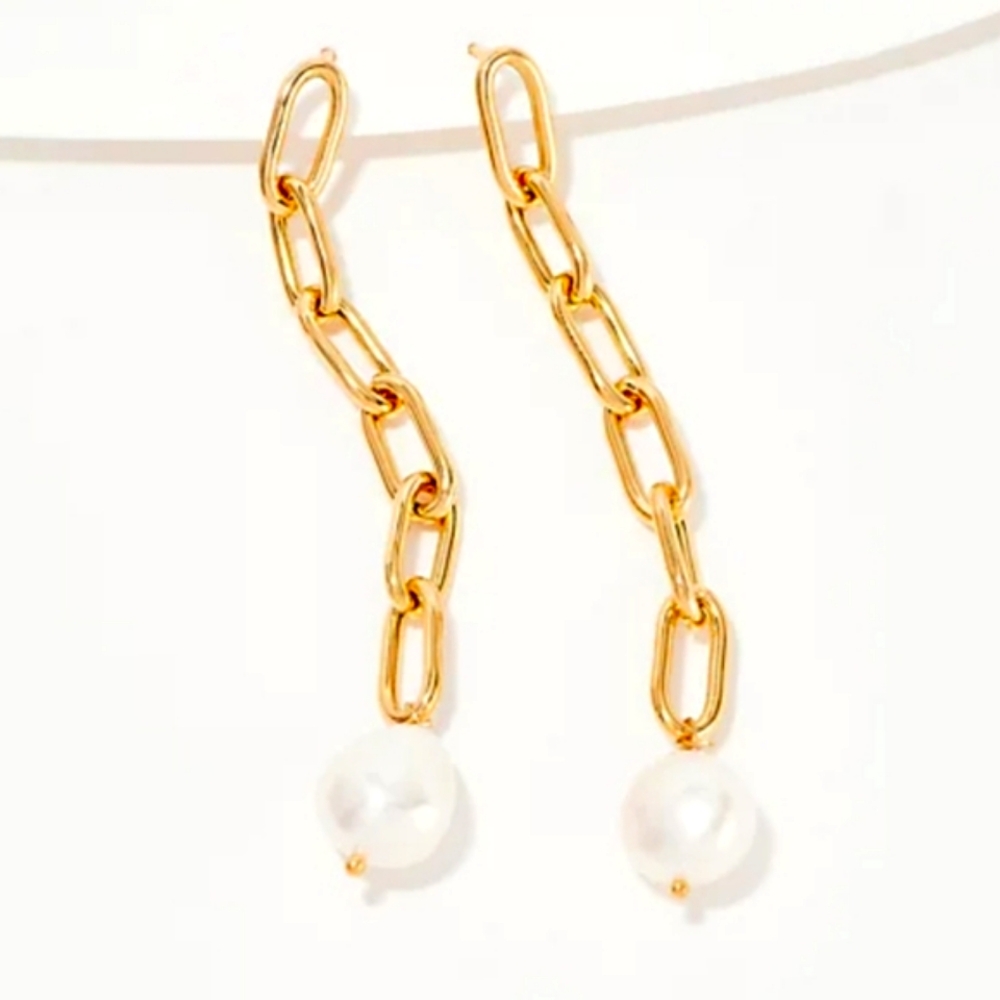 NIB-Cultured Pearls Paperclip Drop Earrings 14k Over 925 Sterling